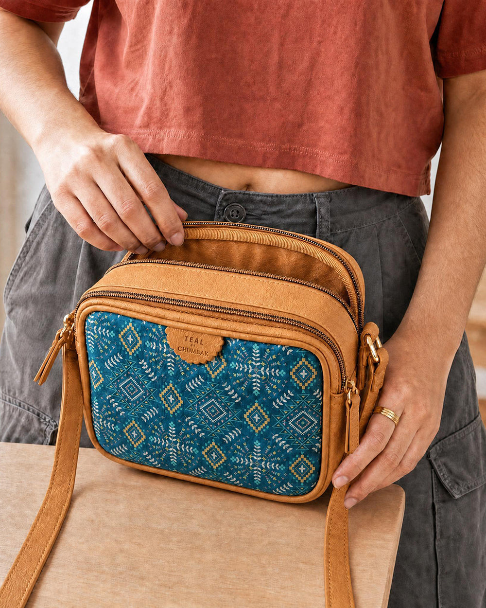 Teal by Chumbak Mexico Aztec Box Sling Bag