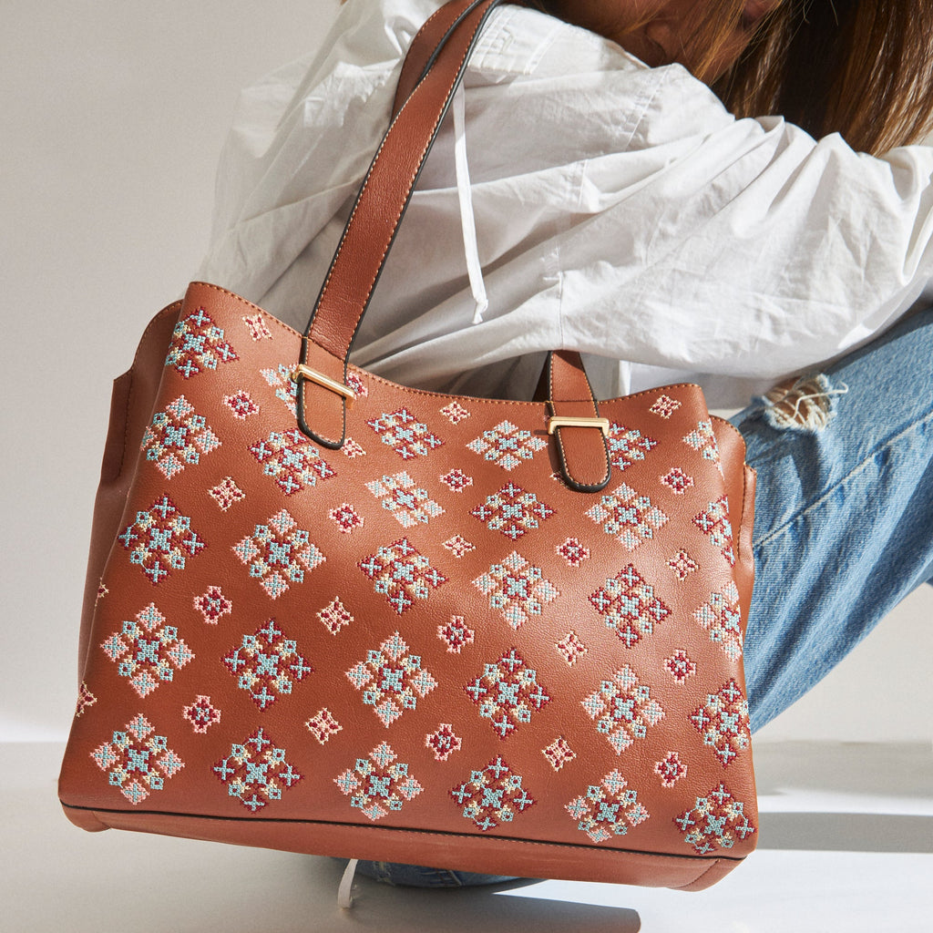 Vintage Cross Stitch Tote -Tan